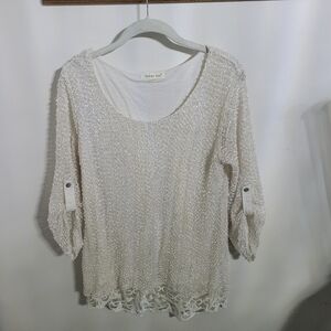 Indigo Soul White Lace 3/4 Sleeve Blouse, Size M